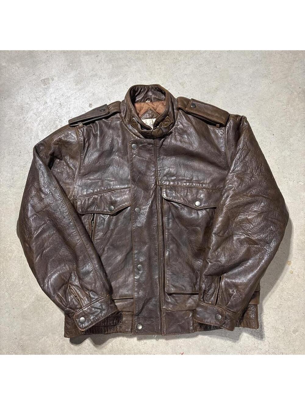 Vintage 80s Brown Leather Military Field Jacket Moto Epaulet Mens M